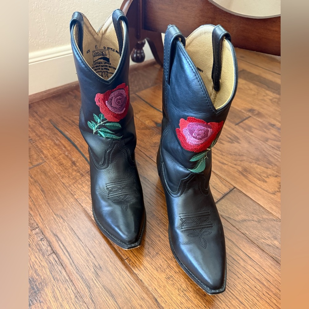 SOLD!!! Black Leather “Rodeo” Boots with Rose Embroidery